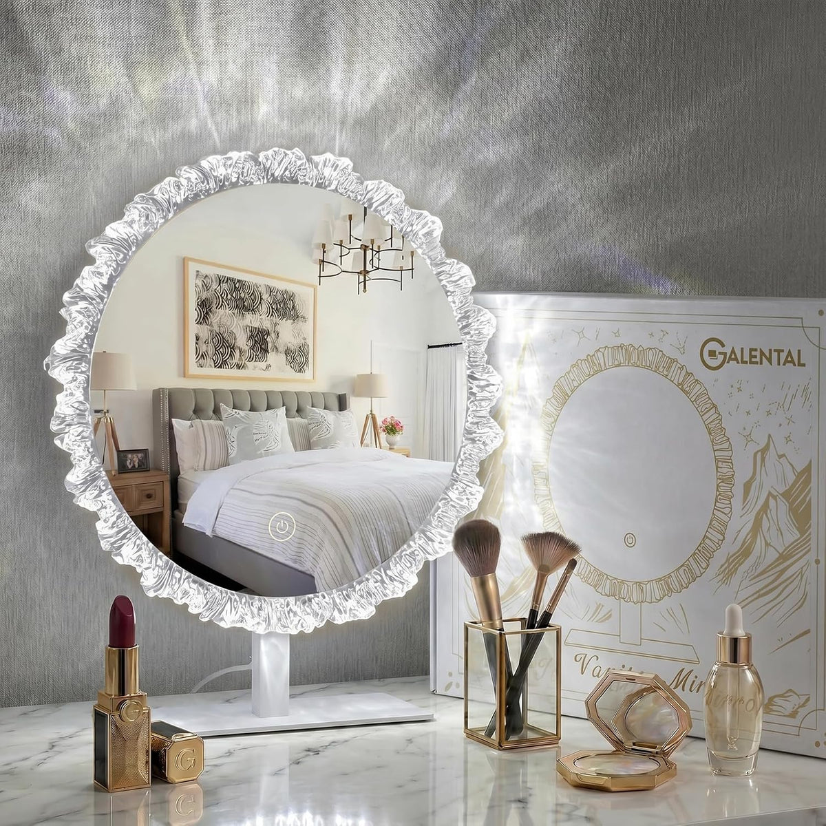 Crystal Vanity Mirror, 12" Silver LED Makeup Mirror, 3CCT, Round