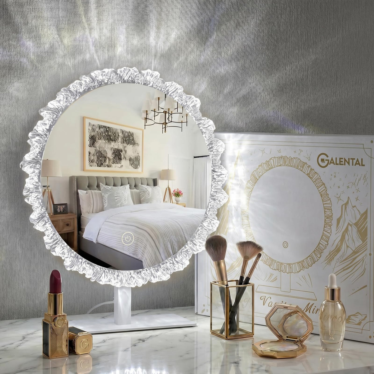 Crystal Vanity Mirror, 12" Silver LED Makeup Mirror, 3CCT, Round