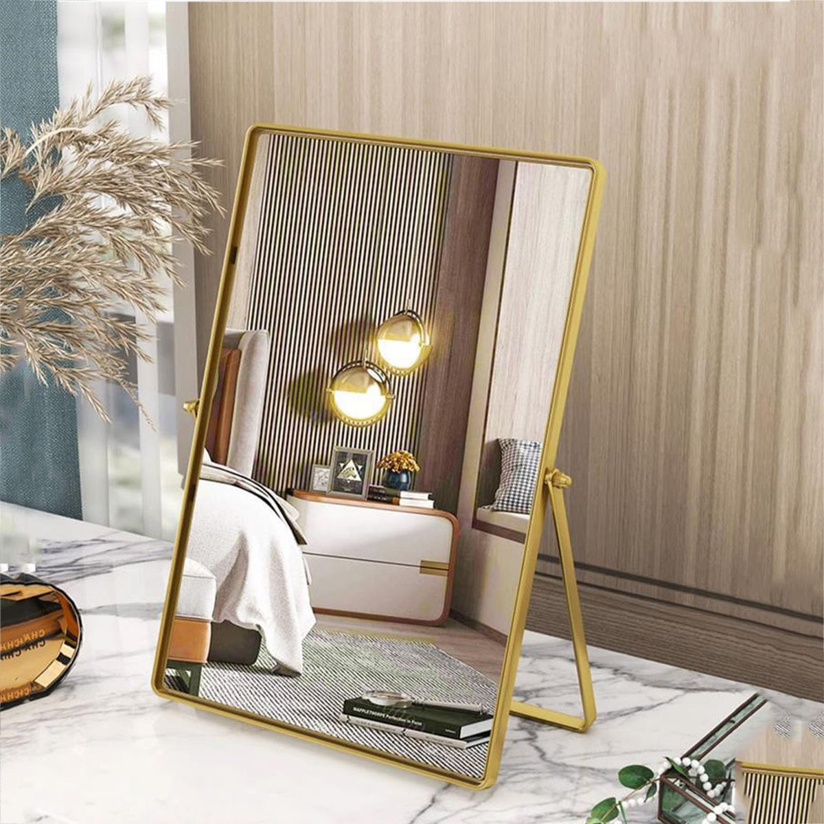 Vanity Desk Table Mirror Oval Makeup Mirror 90°Adjustable Rotation Golden Metal Framed Standing Mirrors Room Decor for Living Room,Bedroom,Tabletop,Bathroom