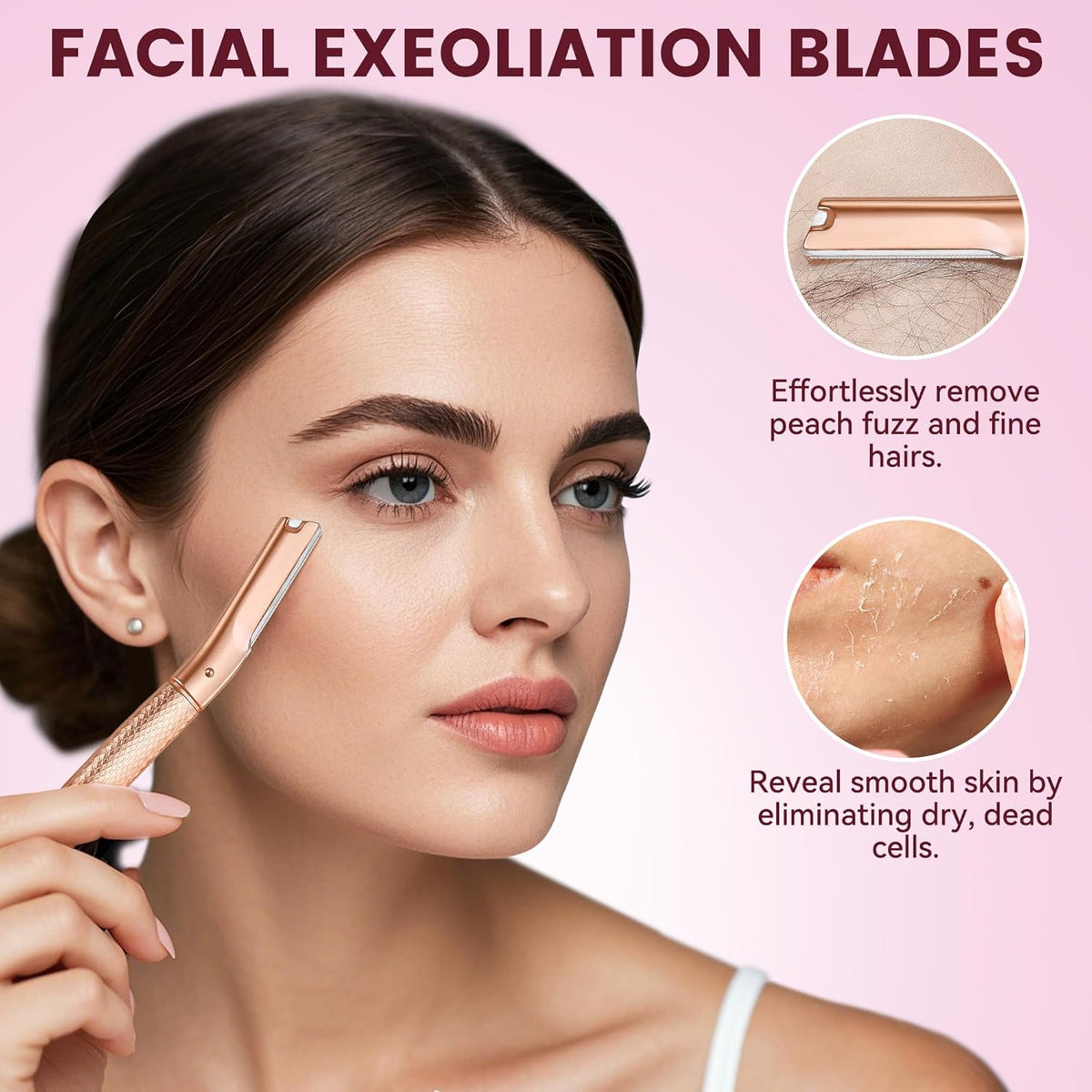 Eyebrow Razor, Dermaplane Razor for Women Face, 12 Refill Blades, Rose Gold