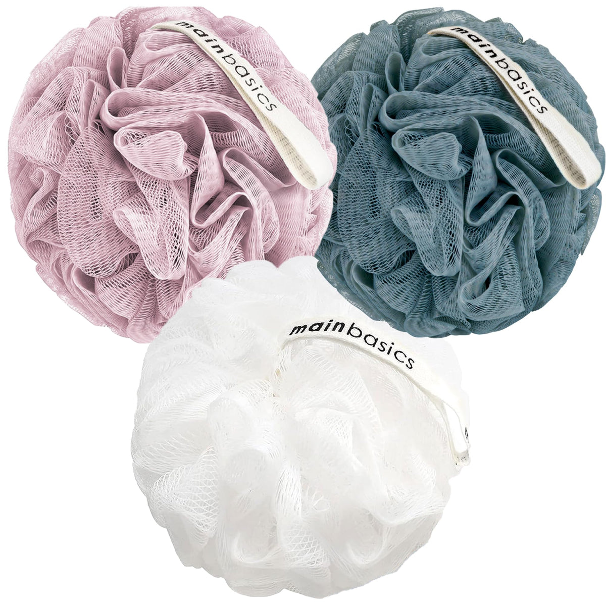 MainBasics Shower Loofah Sponge Pouf, Set of 3, Airy Blossom
