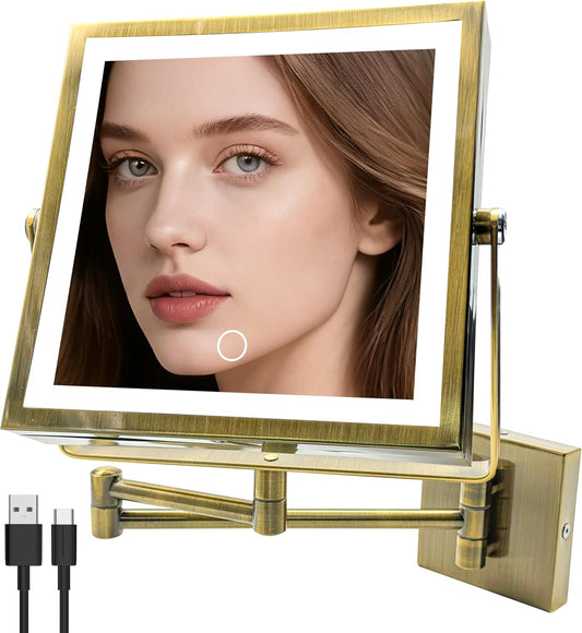 Wall Mounted Lighted Makeup Mirror 1X/10X Square Brushed Gold