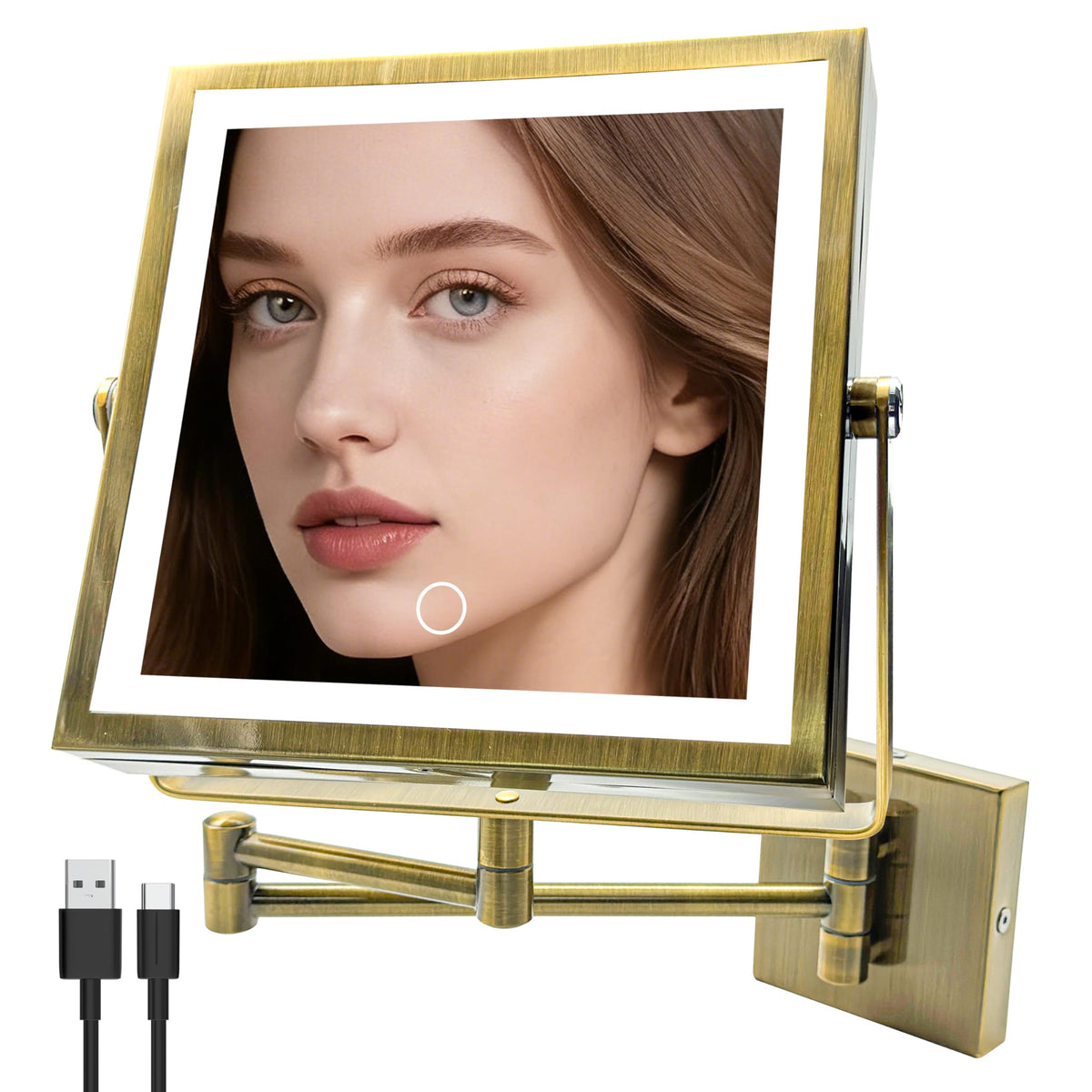 Wall Mounted Lighted Makeup Mirror 1X/10X Square Brushed Gold