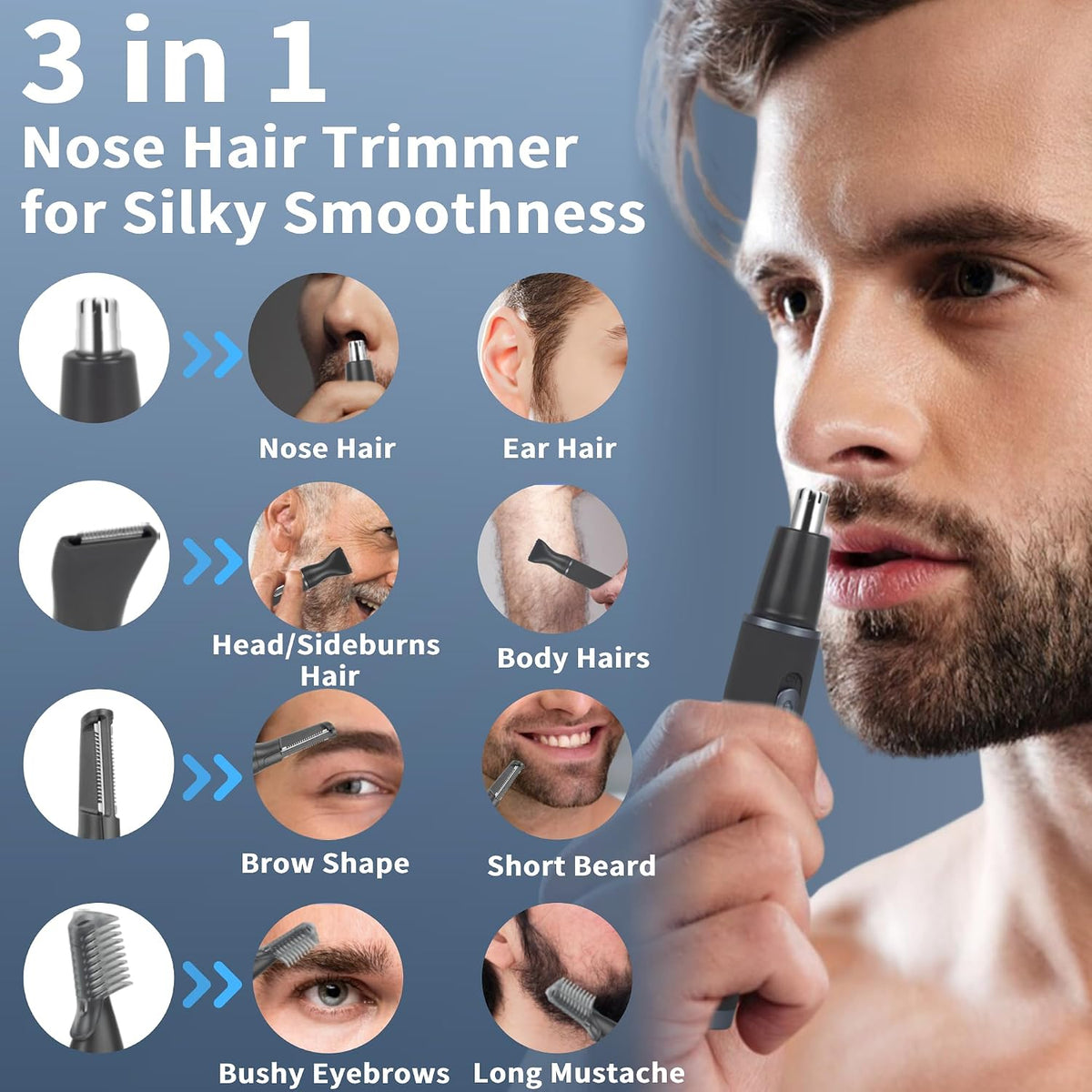 Nose Hair Trimmer for Men, Painless 3 in 1 Grooming Kit for Nose, Ear, Eyebrow & Body Hair, Rechargeable No Pull No Snag Trimming with 3 Waterproof Replacement Heads, Easy Cleansing