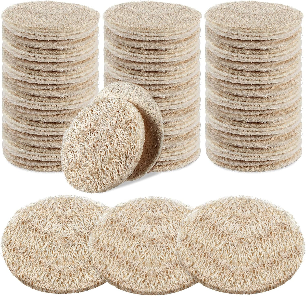 Bokon 100 Pcs Loofah Exfoliating Face Pads 2.36" Round, Beige