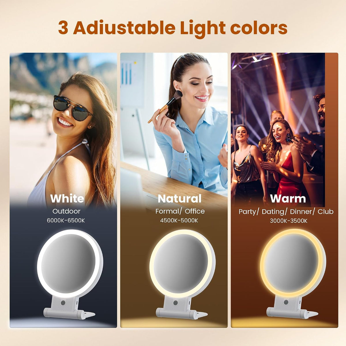 Makeup Mirror with Light, 1X/30X, 3 Colors, Rechargeable 2000mAh