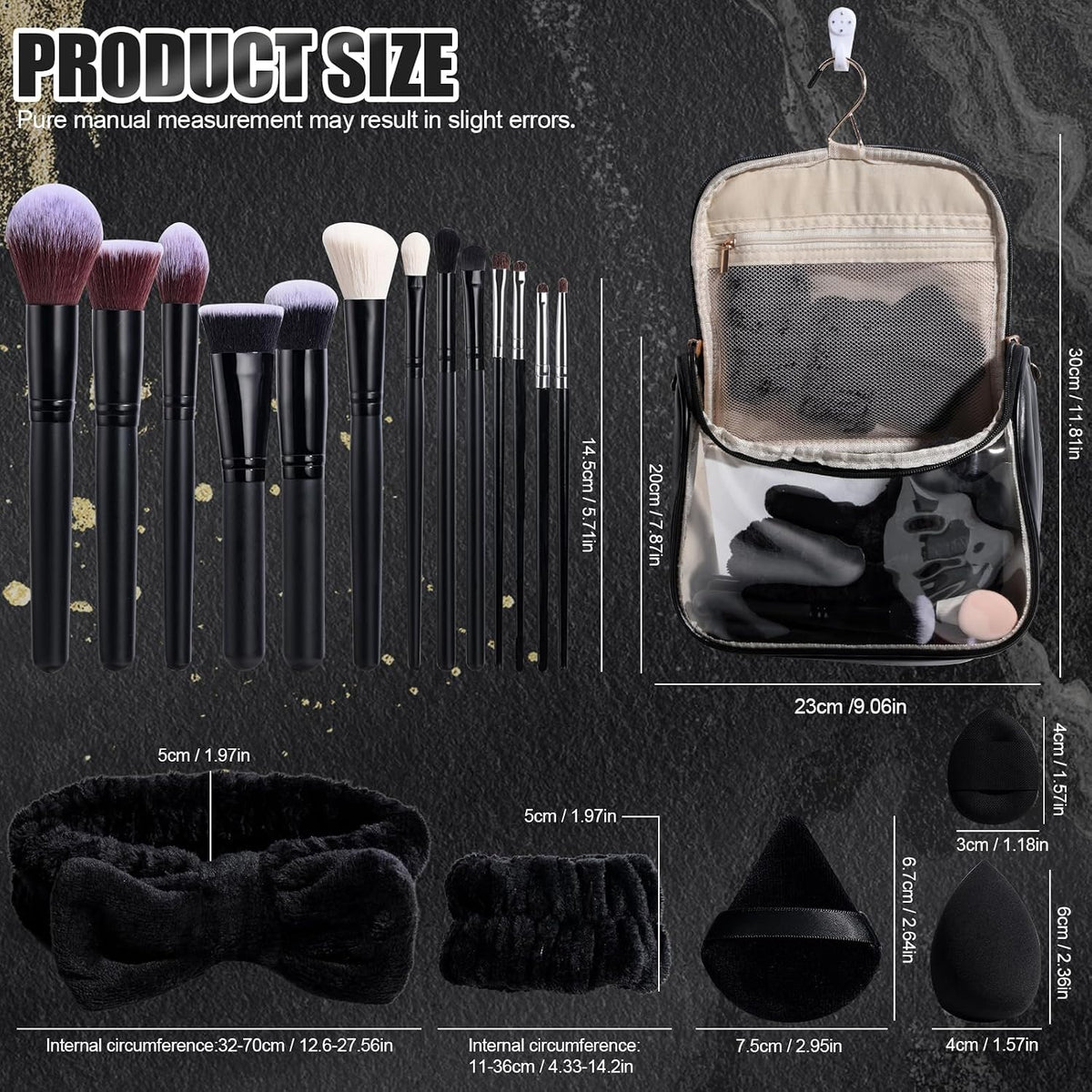 BS-MALL Makeup Brush Set with Waterproof Travel Bag & Makeup sponges -26 Pcs Set Triangle Puff & Face Washing Puffs,Face Wash Headband Wristband for Travel Go Camping Gift & Makeup Beginners (Black)