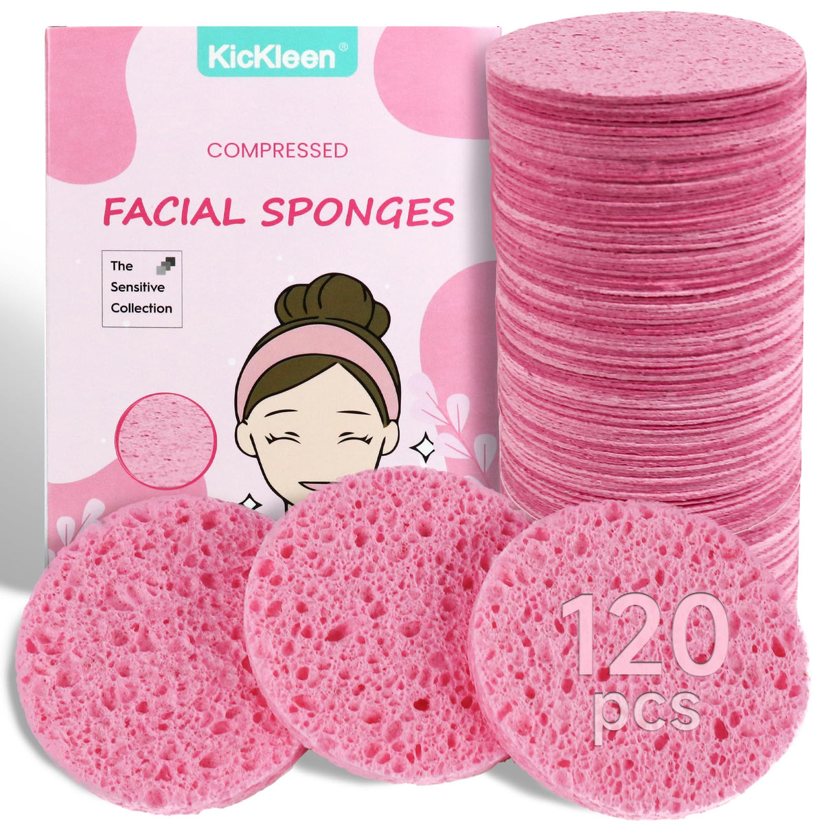50-Count Compressed Facial sponges for Daily Facial Cleaning,Pink