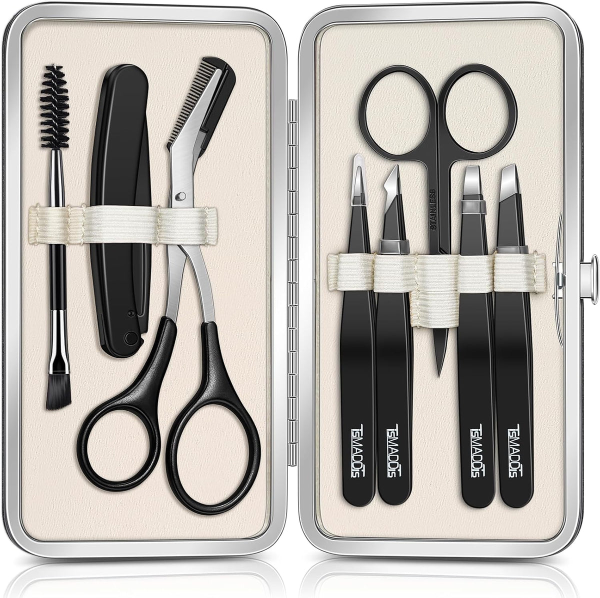 TsMADDTs Tweezers for Men, 8 in 1 Professional Eyebrow Tweezers Kit with Eyebrow Trimmer & Scissors, Razor, Brush, Skin Care Tools
