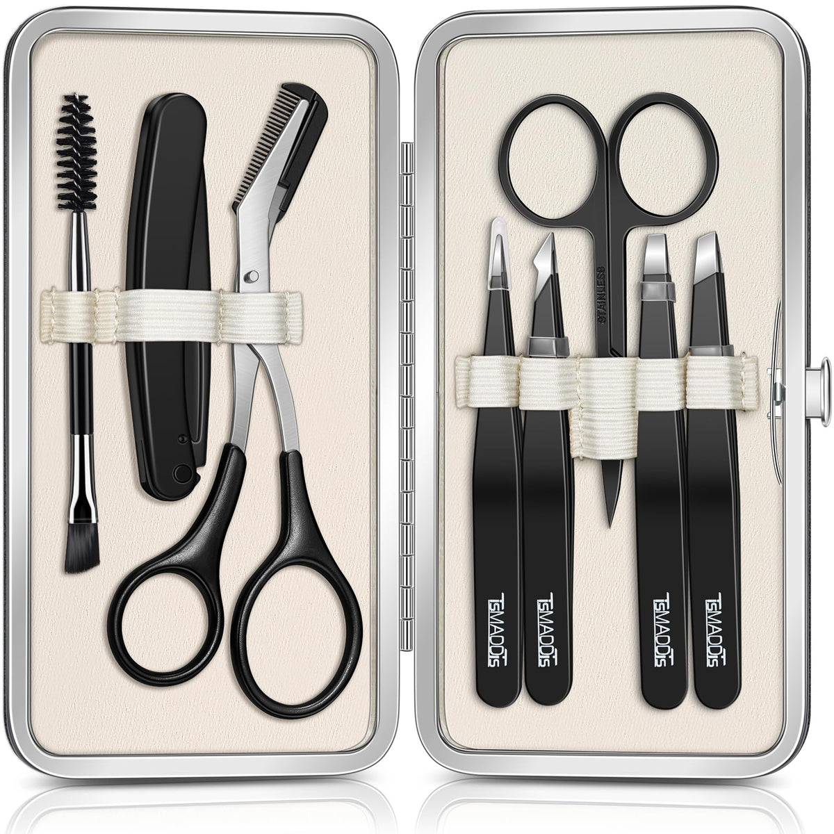 TsMADDTs Tweezers for Men, 8 in 1 Professional Eyebrow Tweezers Kit with Eyebrow Trimmer & Scissors, Razor, Brush, Skin Care Tools