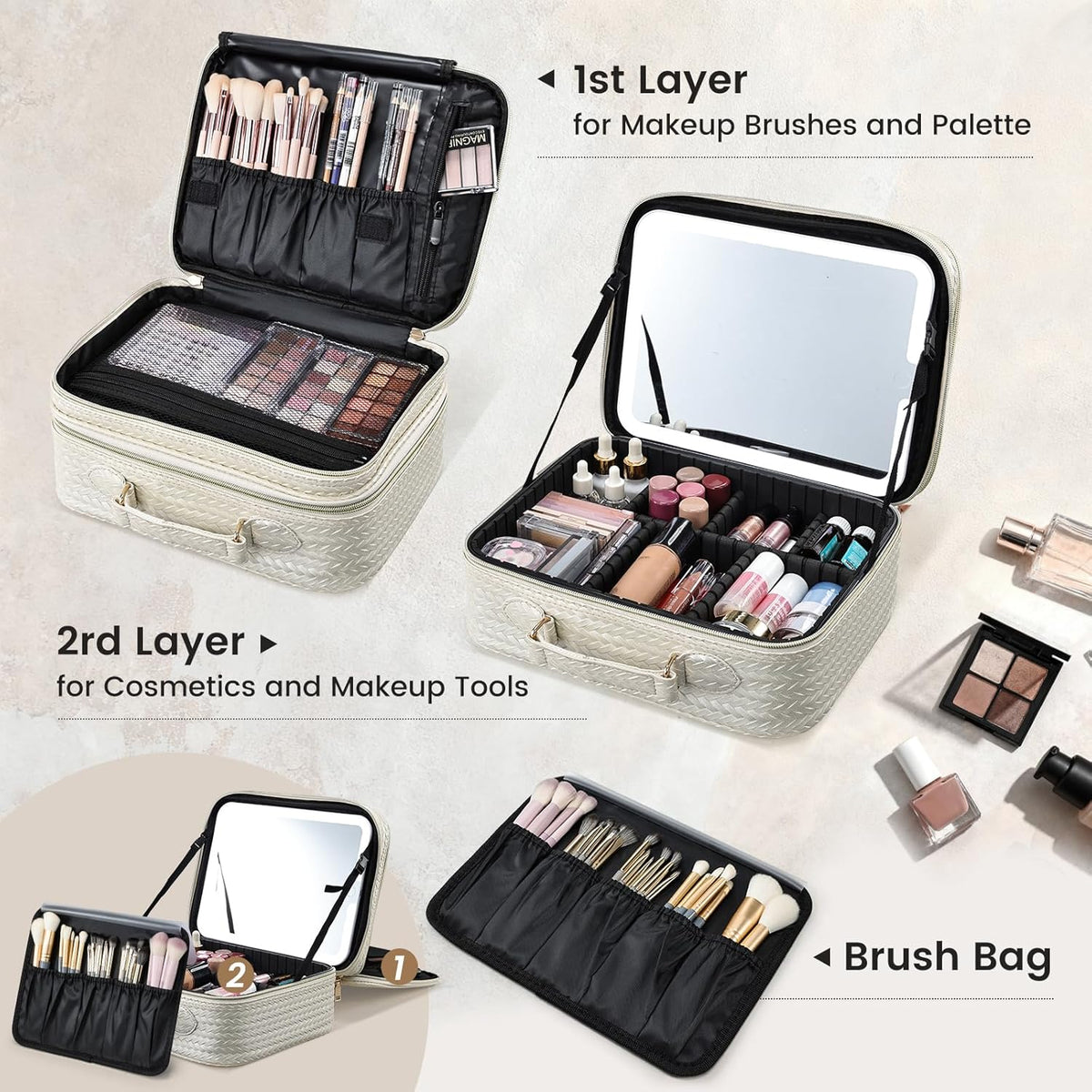 Faquenc Makeup Bag with LED Lighted Mirror 12.2 IN Cosmetic Train Case Double Layer Makeup Case Adjustable Brightness in 3 Colors Cosmetic Organizer Artist Storage with Brush Holder Vanity Beige