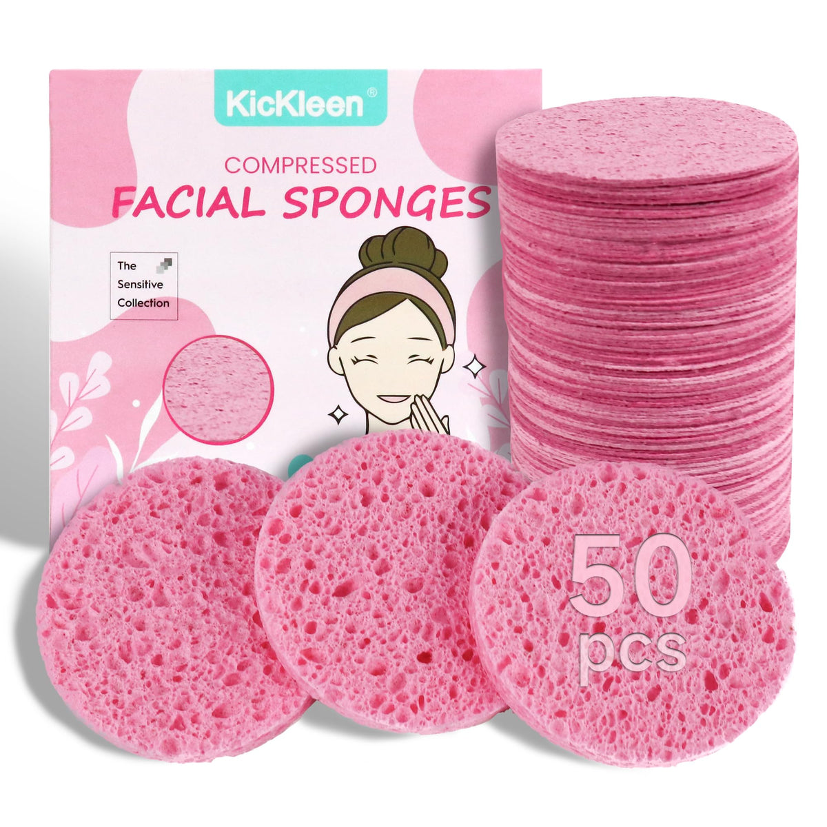 50-Count Compressed Facial sponges for Daily Facial Cleaning,Pink