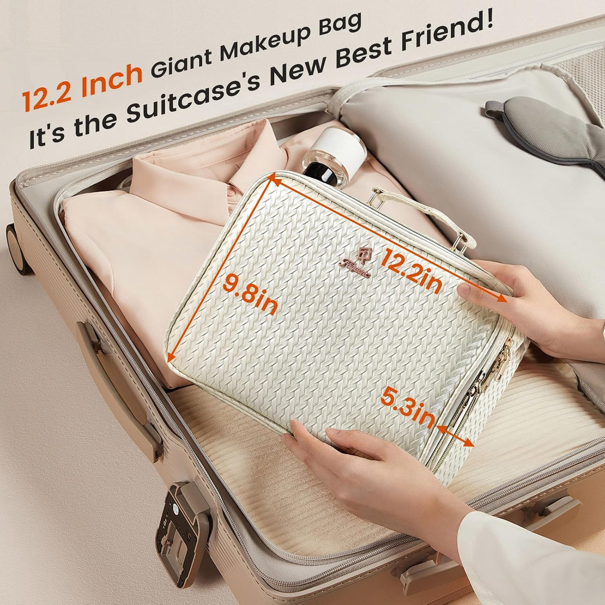 Faquenc Makeup Bag with LED Lighted Mirror 12.2 IN Cosmetic Train Case Double Layer Makeup Case Adjustable Brightness in 3 Colors Cosmetic Organizer Artist Storage with Brush Holder Vanity Beige
