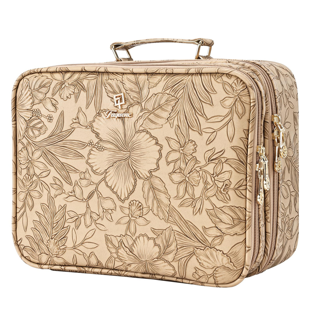 Faquenc Makeup Bag with LED Lighted Mirror 12.2 IN Cosmetic Train Case Double Layer Makeup Case Adjustable Brightness in 3 Colors Cosmetic Organizer Artist Storage with Brush Holder Vanity Beige