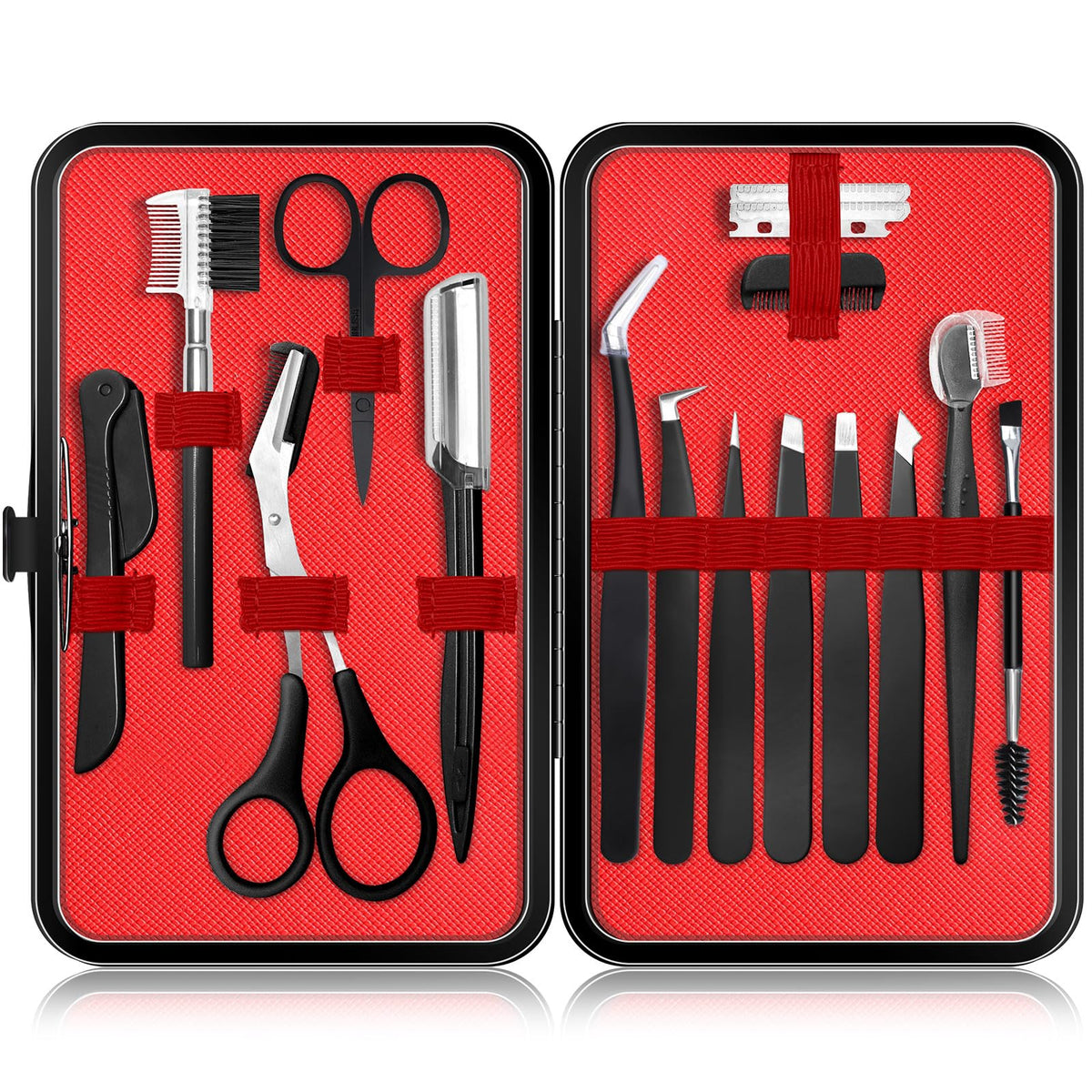 Eyebrow Kit, 17 in 1 Tweezers for Women Facial Hair, Hair Scissors with Comb, Eyebrow Trimmer, Brow Brushes, Hair Tools Travel Bag, Professional Grooming Tweezer Set