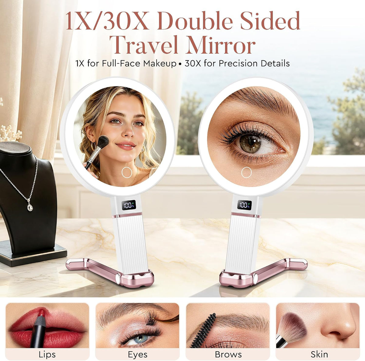 MIYADIVA Travel Makeup Mirror with Lights, Height Adjustable 30X/1X Double-Sided Magnifying Mirror, Portable Vanity Mirror with Digital Display & Phone Holder, Handheld Tabletop Hanging, Rose Gold