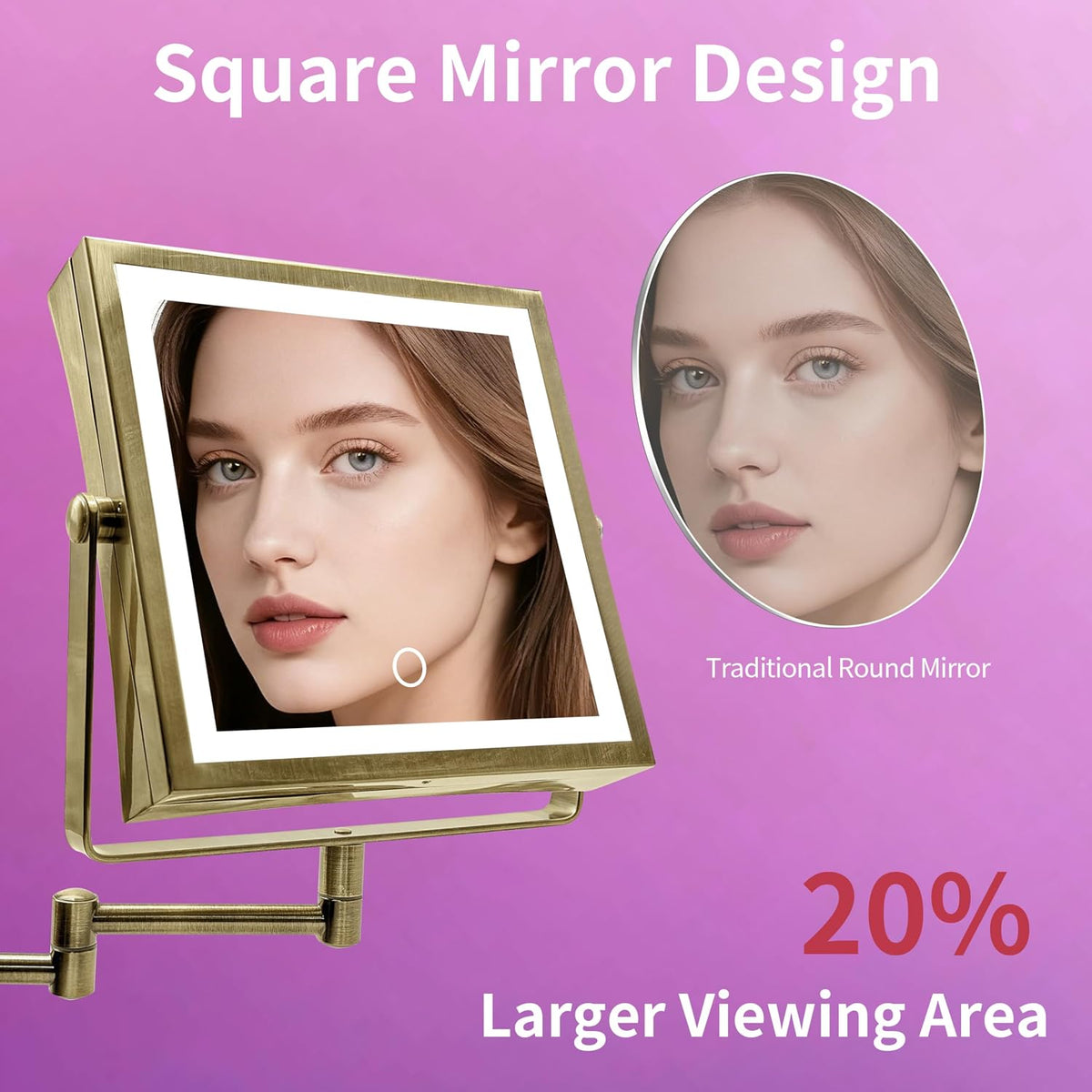 Wall Mounted Lighted Makeup Mirror 1X/10X Square Brushed Gold