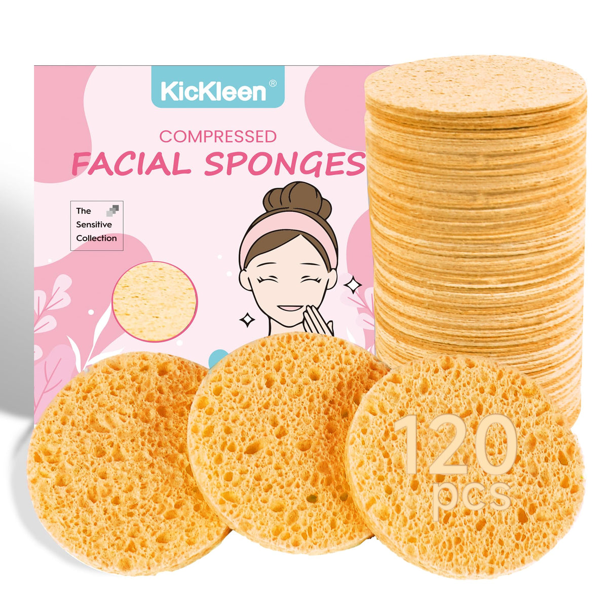 50-Count Compressed Facial sponges for Daily Facial Cleaning,Pink