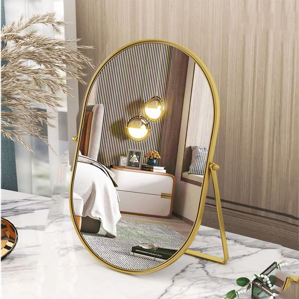 Vanity Desk Table Mirror Oval Makeup Mirror 90°Adjustable Rotation Golden Metal Framed Standing Mirrors Room Decor for Living Room,Bedroom,Tabletop,Bathroom