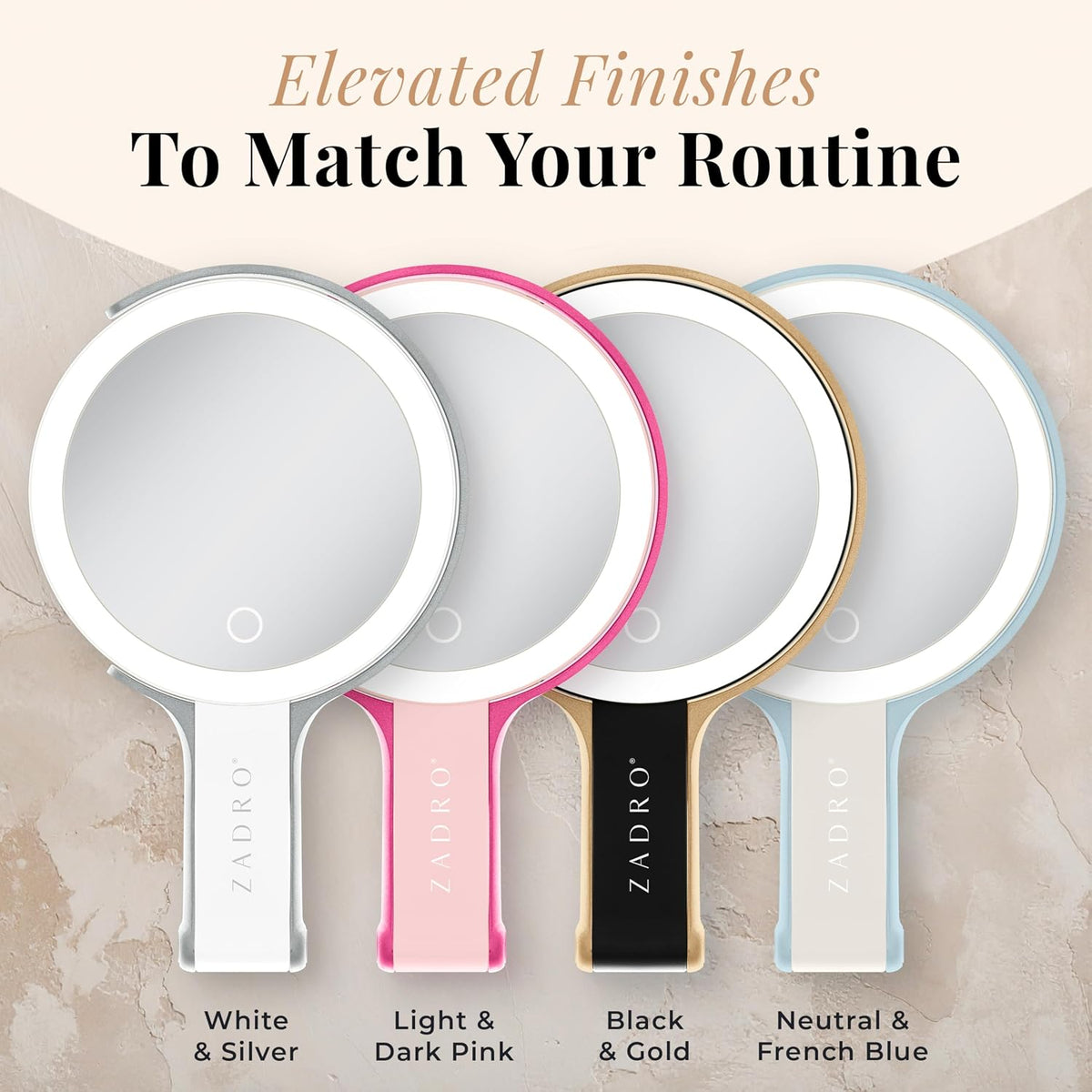 Zadro LED Lighted Makeup Mirror, 2-Sided with 1x & 10x Magnification, Rechargeable Portable Vanity Mirror with 3 Dimmable Color Settings, Handheld & Hands-Free Design, 6.25 Inch (Neutral/French Blue)