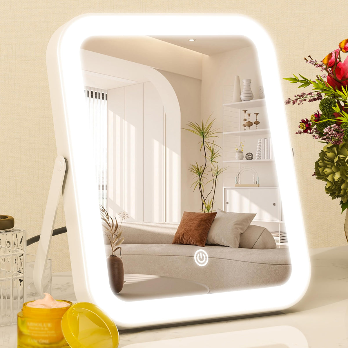 ROLOVE Lighted Makeup Mirror 16.3"x12.6", Hollywood Vanity Mirror with 10X Magnifier, 3 Color LED Lighting Modes, Smart Touch Control & 360° Rotation, Tabletop Makeup Mirror (White, Gift Ready)