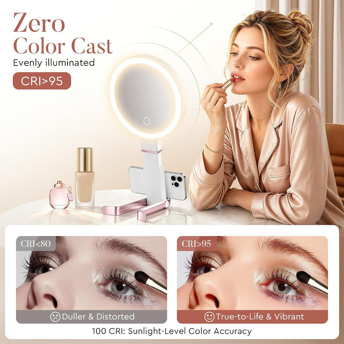 MIYADIVA Travel Makeup Mirror with Lights, Height Adjustable 30X/1X Double-Sided Magnifying Mirror, Portable Vanity Mirror with Digital Display & Phone Holder, Handheld Tabletop Hanging, Rose Gold