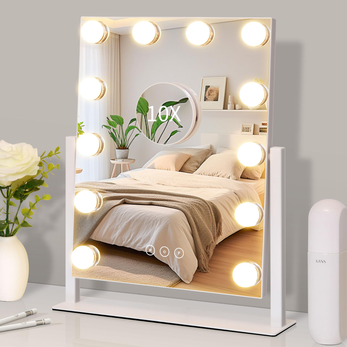 Kotdning Vanity Mirror with Lights,Lighted Vanity Mirror with 9 Dimmable Bulbs for Dressing Room & Bedroom,3 Color Lighting,Modes Detachable 10x Magnification 360°Ratation(White) 12" L x 14.4" W