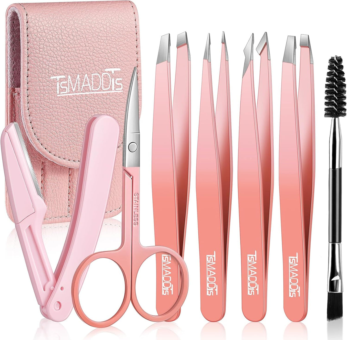 TsMADDTs 7 pcs Tweezers for Women Facial Hair, Precision Tweezer Set for Eyebrows with Curved Scissor and Eyebrow Razor for Ingrown Hair