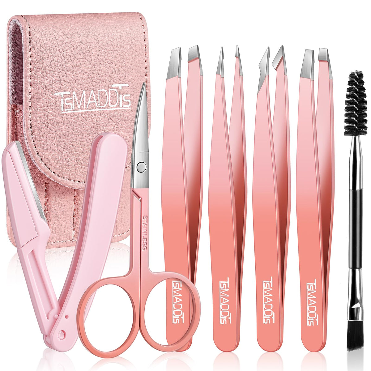 TsMADDTs 7 pcs Tweezers for Women Facial Hair, Precision Tweezer Set for Eyebrows with Curved Scissor and Eyebrow Razor for Ingrown Hair