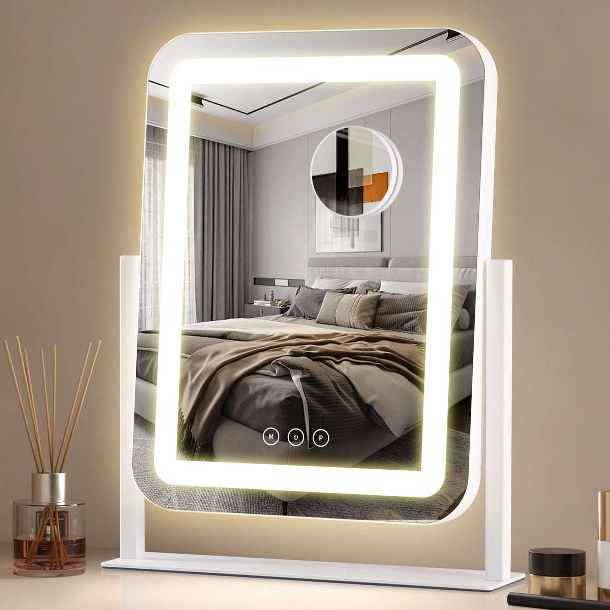 Vanity Mirror with Lights,13.1"×16.7"LED Makeup Mirror,Lighted Makeup Mirror with Lights, Smart Touch Control Dimmable 3 Modes Light, Lighted Up Mirror for Makeup Desk, Bedroom, Dressing Room