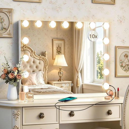 Ratsamee Hollywood Vanity Mirror with Lights, 23" x 18", 15 Dimmable Bulbs, 3 Color Lights, Make Up Lighted Mirror, USB Charging Port, Gifts for Women Wife Teengirls White