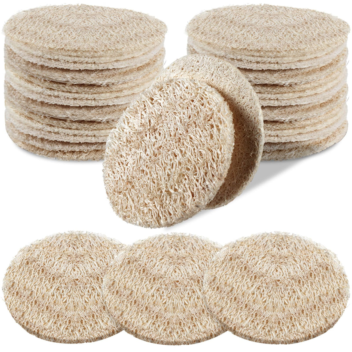 Bokon 100 Pcs Loofah Exfoliating Face Pads 2.36" Round, Beige