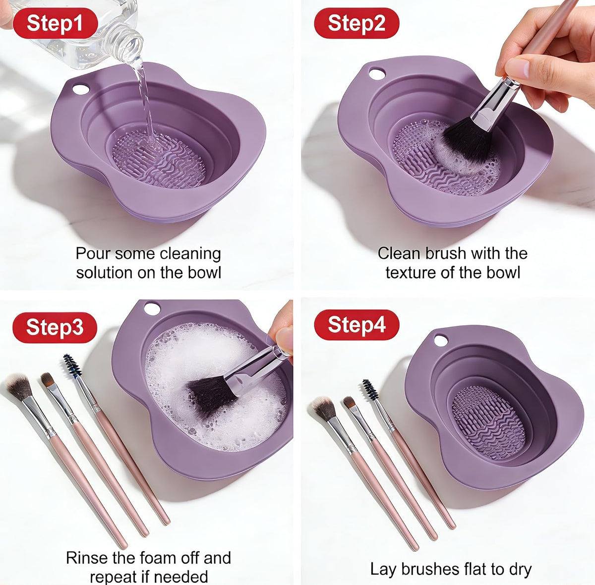 Foldable Silicone Makeup Brush Cleaner Bowl – Portable Brush Scrubber Mat for Foundation, Eyeshadow Brushes, Powder Puffs & Sponges | Multi-Texture Deep Clean, Travel-Friendly (green+lavender)