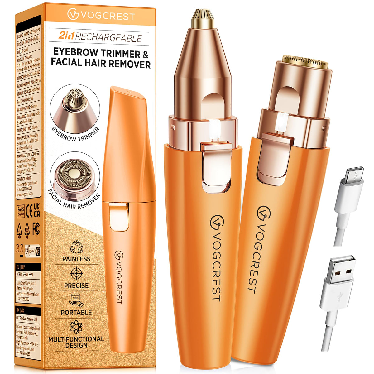VG VOGCREST Eyebrow & Facial Trimmer: 2 in1 Rechargeable Facial Hair Removal & Eyebrow Shaver - Body Razor with Built-in LED Light (Rose Gold)