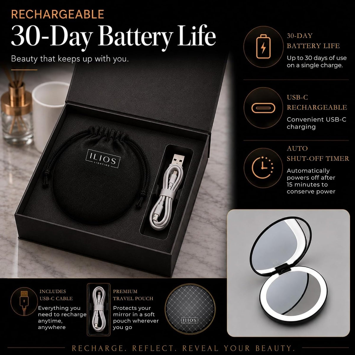 Ilios Lighting LED Compact Mirror with Light — 1x & 10x Magnification, 30-Day Battery, USB-C Rechargeable, 5-Inch Foldable Travel Makeup Mirror with Case (Black)