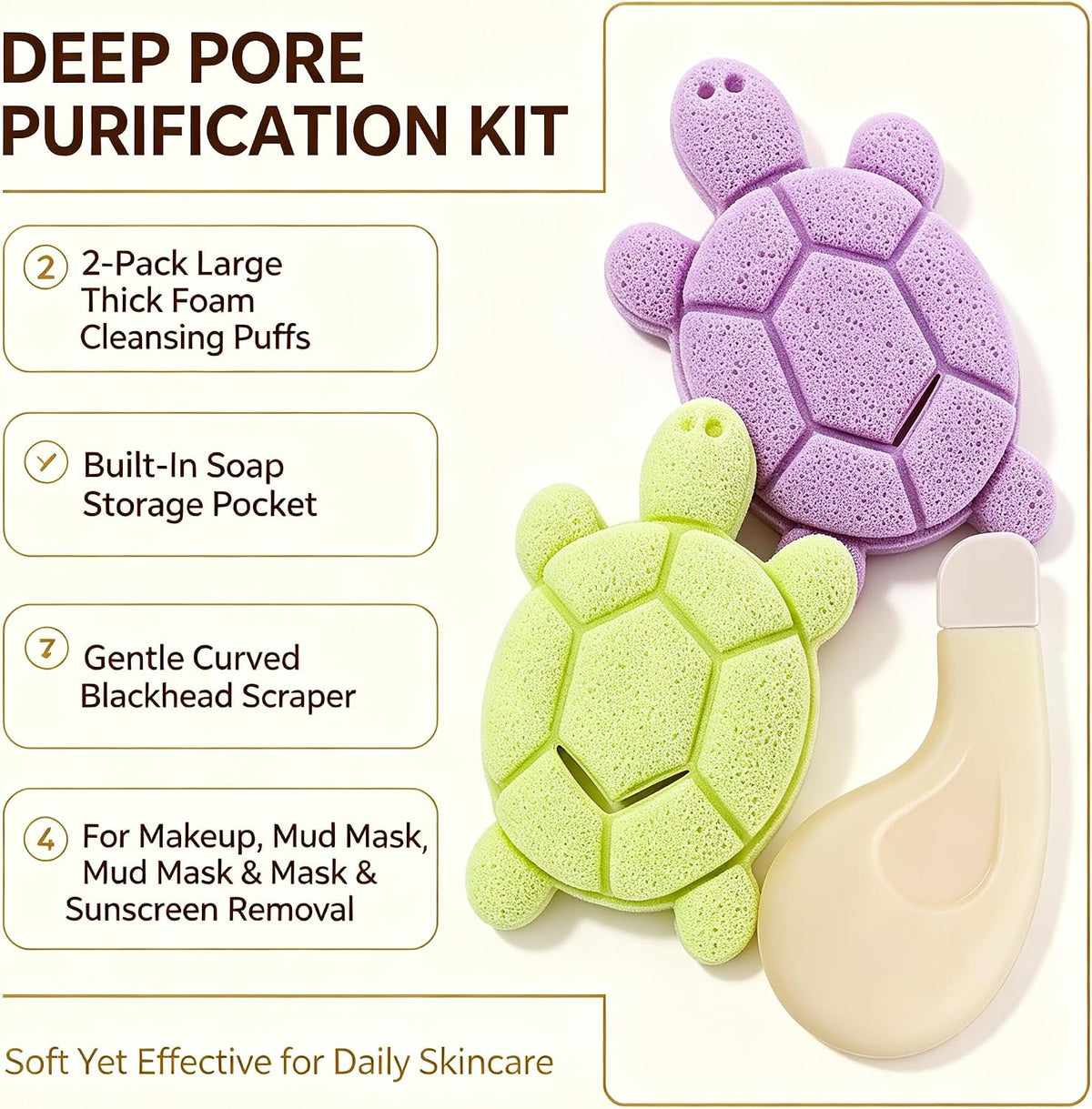 BS-MALL Turtle Pocket Facial Sponge & Blackhead Remover Tool Set | 2 Pack Large Thick Foam Cleansing Puffs with Soap Storage Pocket & Gentle Curved Scraper for Deep Pore Cleaning and Mud Mask Removal