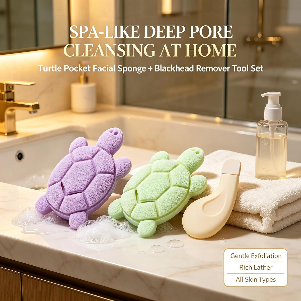 BS-MALL Turtle Pocket Facial Sponge & Blackhead Remover Tool Set | 2 Pack Large Thick Foam Cleansing Puffs with Soap Storage Pocket & Gentle Curved Scraper for Deep Pore Cleaning and Mud Mask Removal