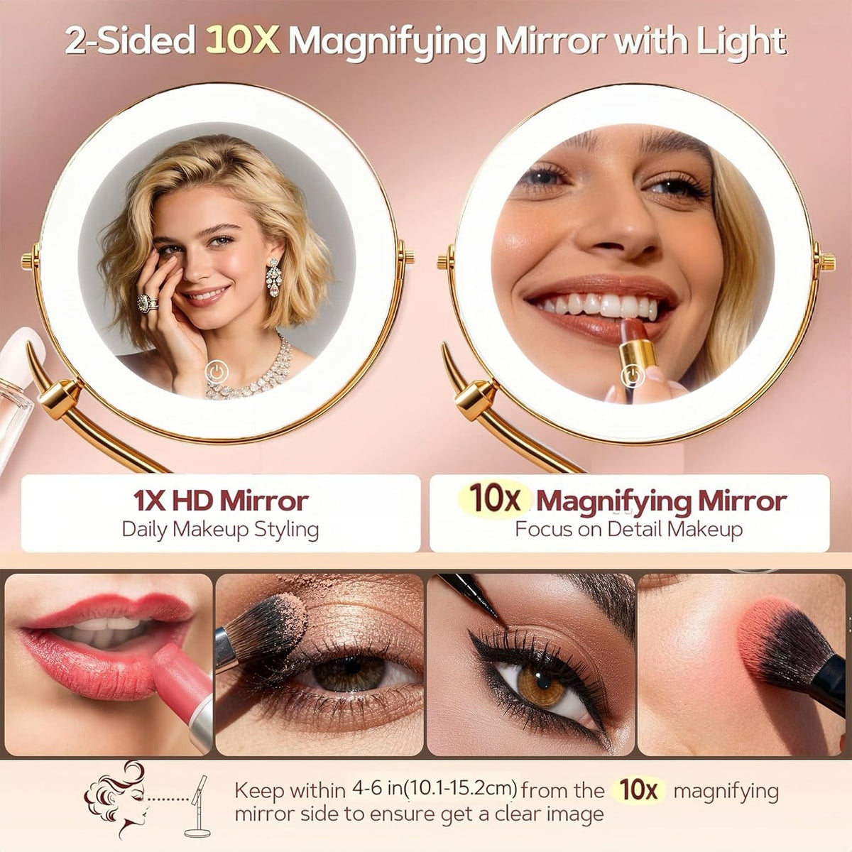 9" 1X/10X Magnifying Vanity Mirror with Light, Rechargeable Makeup Mirror