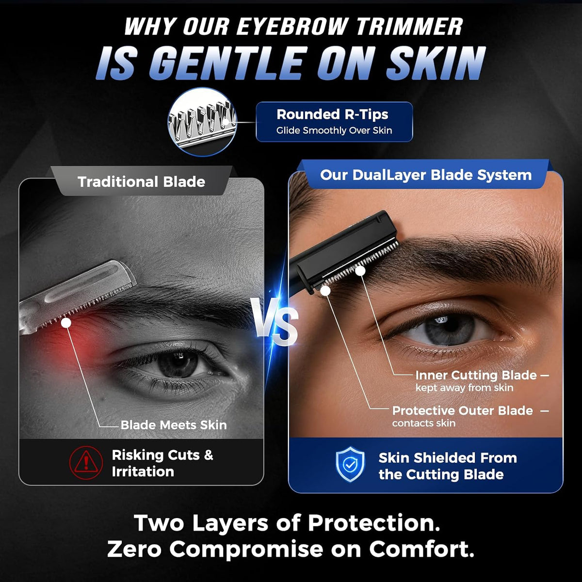 Electric Eyebrow Trimmer for Men Women, Painless Eyebrow Razor with Comb Battery, Dual-Blade Facial Hair Remover, Precision Shaver for Face, Upper Lip, Beard, Sideburns, Body, 30° Pivoting Head