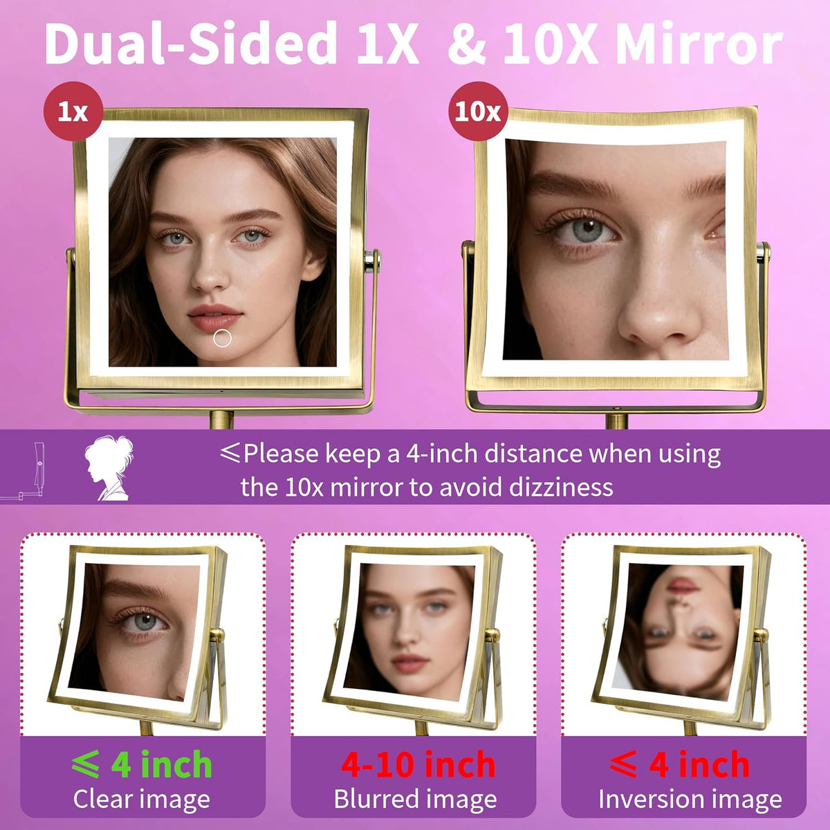 Wall Mounted Lighted Makeup Mirror 1X/10X Square Brushed Gold