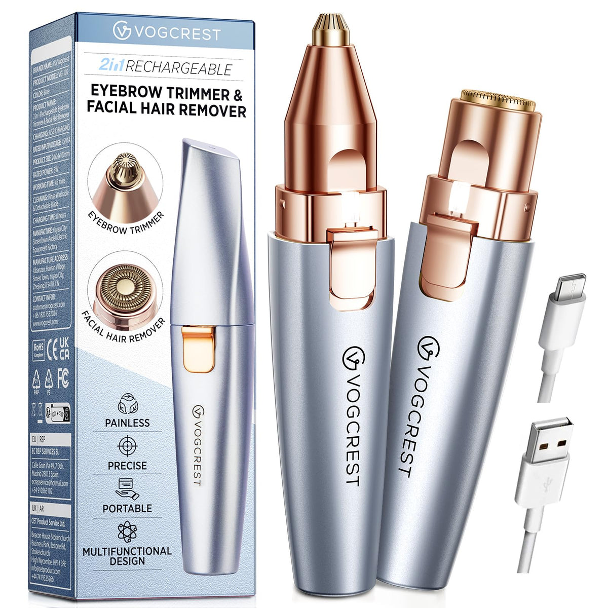 VG VOGCREST Eyebrow & Facial Trimmer: 2 in1 Rechargeable Facial Hair Removal & Eyebrow Shaver - Body Razor with Built-in LED Light (Rose Gold)
