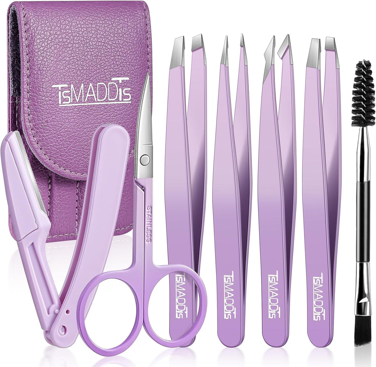 TsMADDTs 7 pcs Tweezers for Women Facial Hair, Precision Tweezer Set for Eyebrows with Curved Scissor and Eyebrow Razor for Ingrown Hair