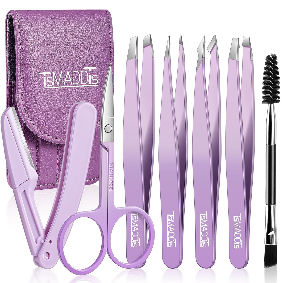 TsMADDTs 7 pcs Tweezers for Women Facial Hair, Precision Tweezer Set for Eyebrows with Curved Scissor and Eyebrow Razor for Ingrown Hair
