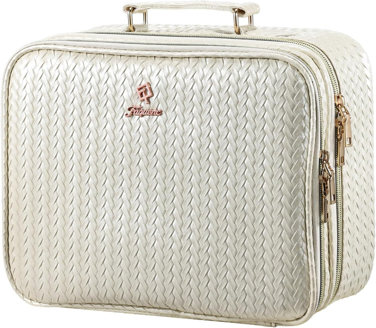 Faquenc Makeup Bag with LED Lighted Mirror 12.2 IN Cosmetic Train Case Double Layer Makeup Case Adjustable Brightness in 3 Colors Cosmetic Organizer Artist Storage with Brush Holder Vanity Beige