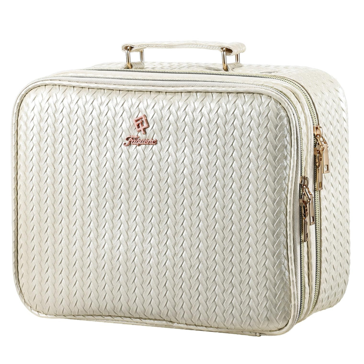 Faquenc Makeup Bag with LED Lighted Mirror 12.2 IN Cosmetic Train Case Double Layer Makeup Case Adjustable Brightness in 3 Colors Cosmetic Organizer Artist Storage with Brush Holder Vanity Beige