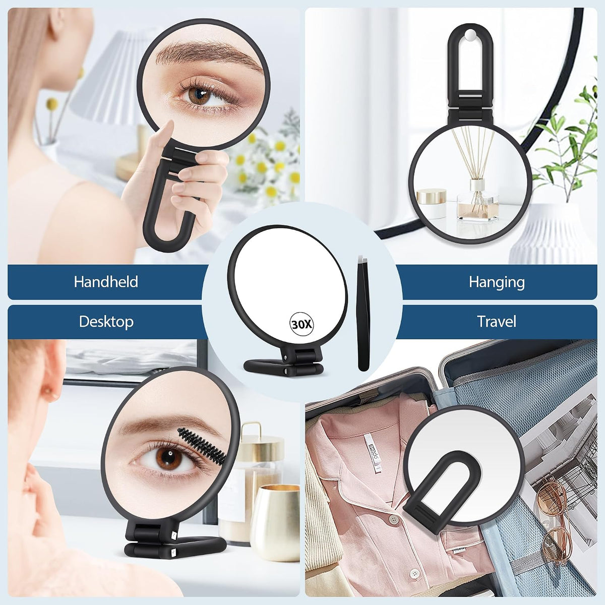 B Beauty Planet 30X Magnifying Mirror, Hand Mirror with Handle, Double Sided Hand Mirror with 30X/1X Magnification, Travel Essential Portable Foldable Makeup Mirror for Precision Makeup Black