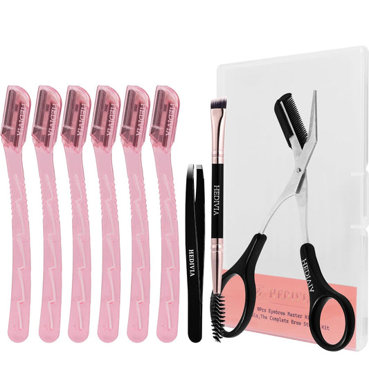 HEDVIA 9 Pcs Professional Eyebrow Razor for Women Kit,Face Razors for Women Dermaplaning,Dermaplane Razor for Women Face, Womens Disposable Razors for Women with 6 Small Razors Set(Pink)