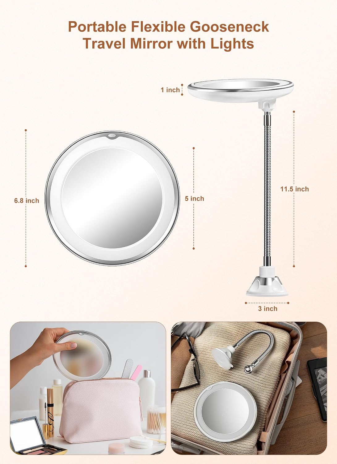 10x Magnifying Mirror with Light, Flexible Gooseneck Travel Make up Mirror