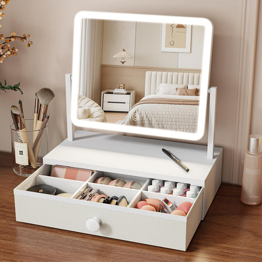 Vanity Mirror with Lights, 12"×10" Lighted Makeup Mirror with Storage, LED Makeup Mirror with 3 Color Modes & Adjustable Brightness, Vanity Mirror for Desk, Dorm, Bedroom, Gifts for Women, White