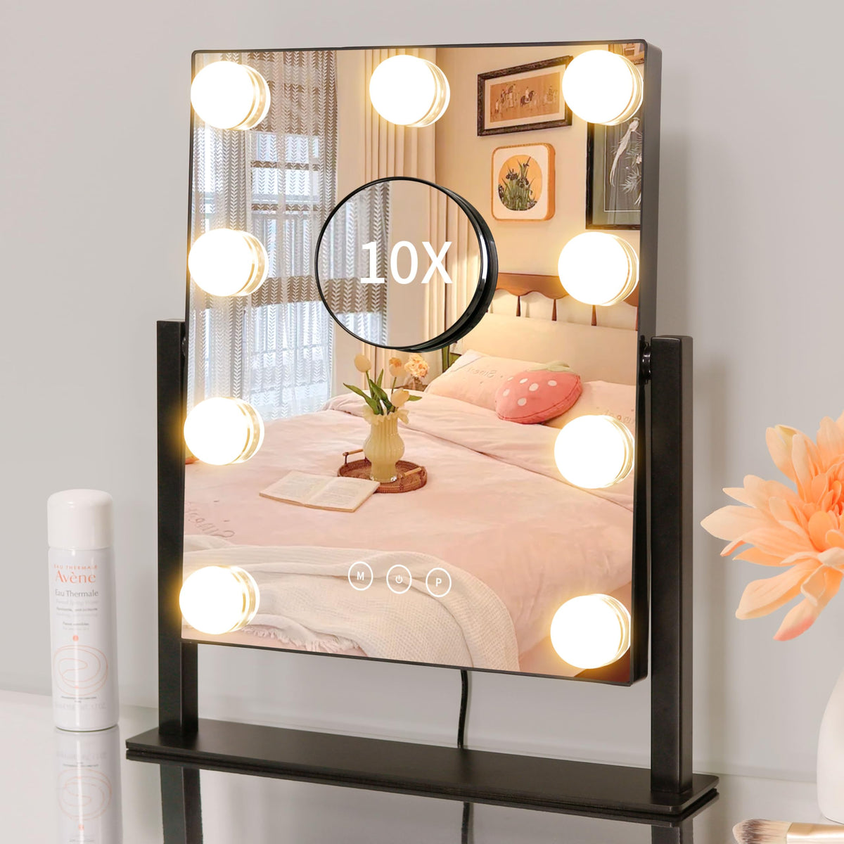 Kotdning Vanity Mirror with Lights,Lighted Vanity Mirror with 9 Dimmable Bulbs for Dressing Room & Bedroom,3 Color Lighting,Modes Detachable 10x Magnification 360°Ratation(White) 12" L x 14.4" W